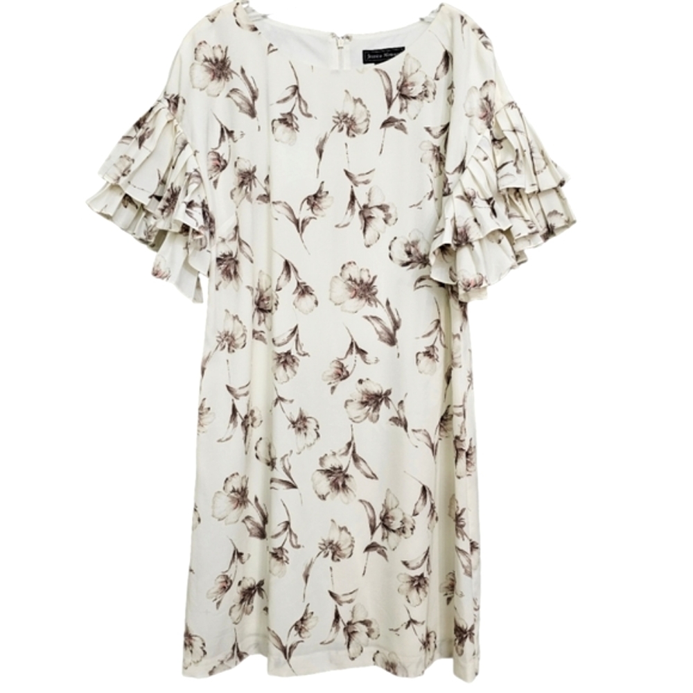 Jessica Howard Creme /Taupe Floral Chiffon Flutter Sleeve Shift Dress